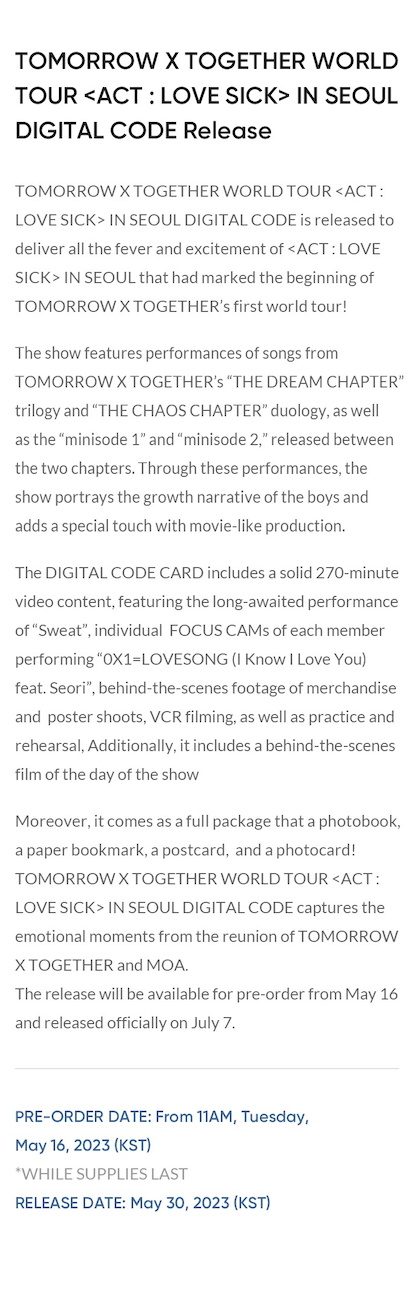 TXT WORLD TOUR [ACT : LOVE SICK] IN SEOUL DIGITAL CODE + DVD SET