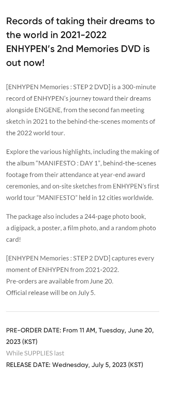 ENHYPEN MEMORIES : STEP 2 DVD