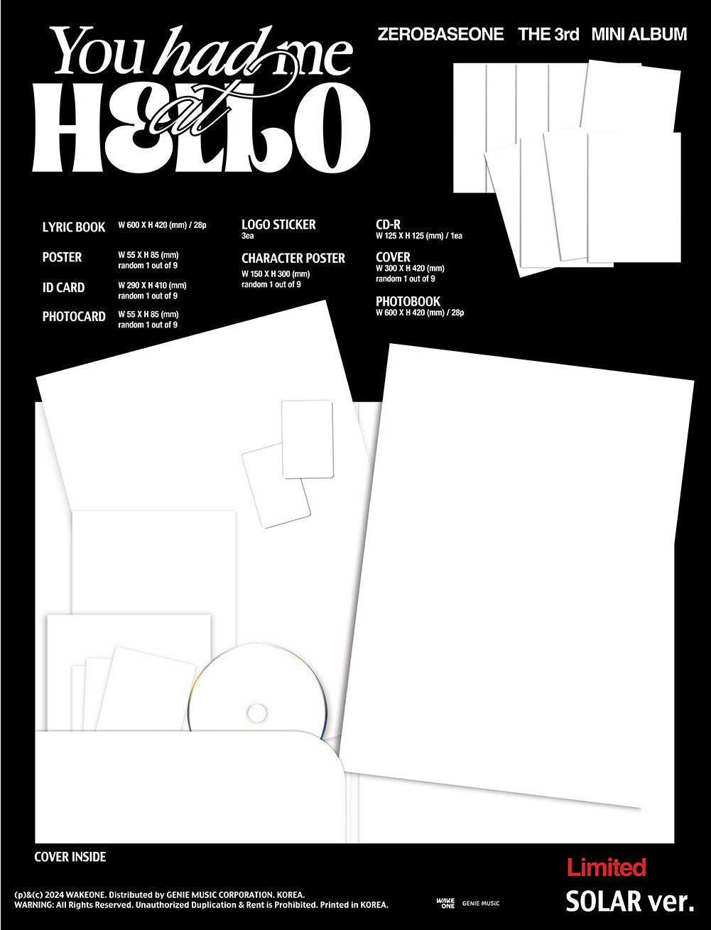 [PRE-ORDER ONLY] ZEROBASEONE - [YOU HAD ME AT HELLO] (3RD MINI ALBUM) (SOLAR VER.) RANDOM