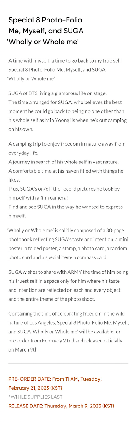 BTS SUGA SPECIAL 8 PHOTO-FOLIO ME, MYSELF, AND SUGA 'WHOLLY OR WHOLE ME"