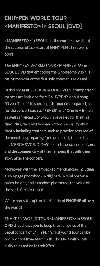 ENHYPEN WORLD TOUR MANIFESTO IN SEOUL DVD